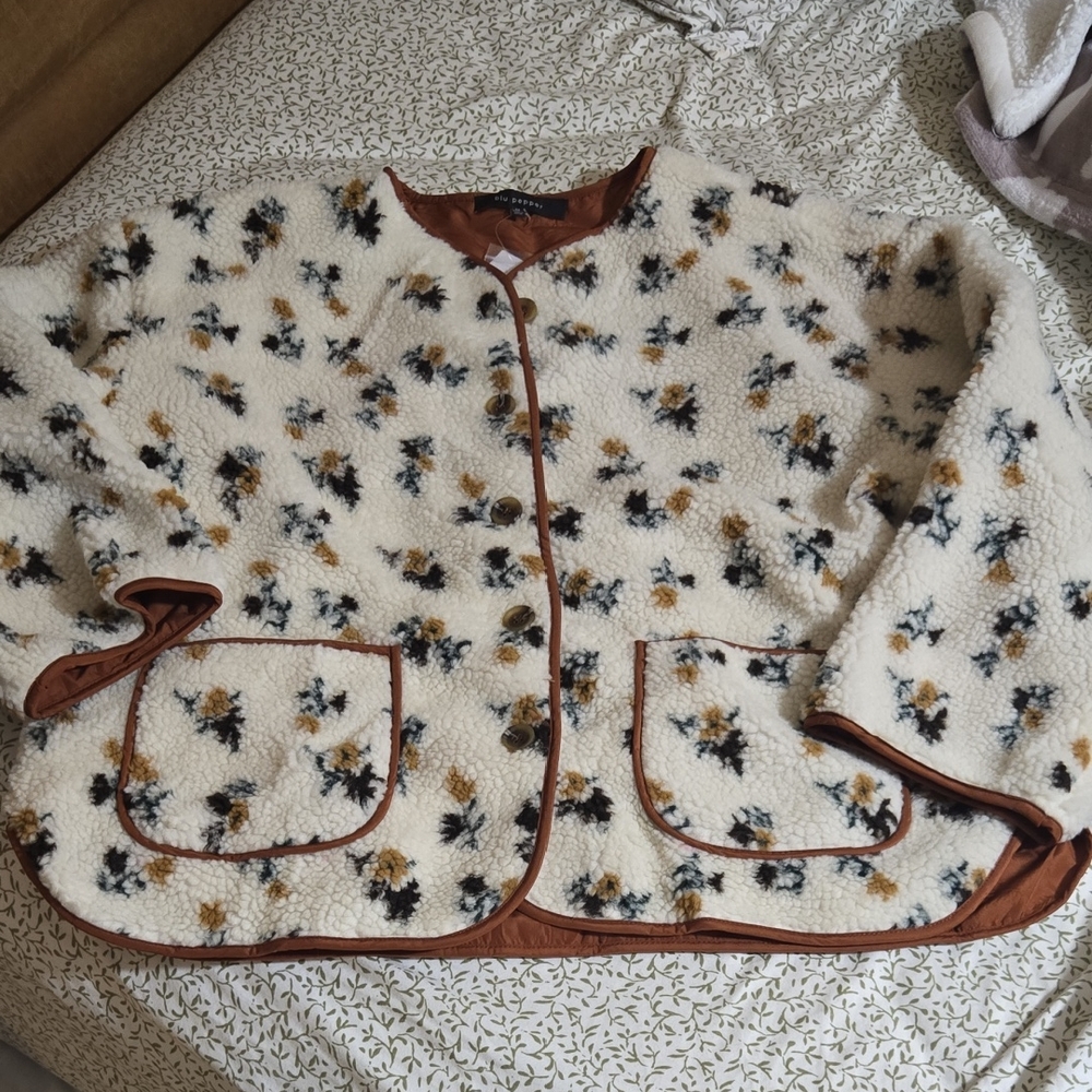 Cream Teddy Jacket with Floral Pattern